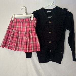 Girls Black Cardigan and Pink Plaid Skirt Set size 8